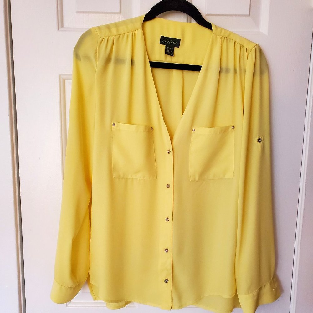 Cartise V Neck Yellow Blouse with Snap or Button Sleeves - 6